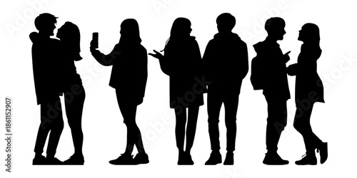 Silhouettes of people using smartphones isolated on white background, illustration