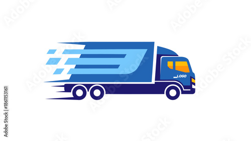 Blue delivery truck speeding fast with motion blur effect.