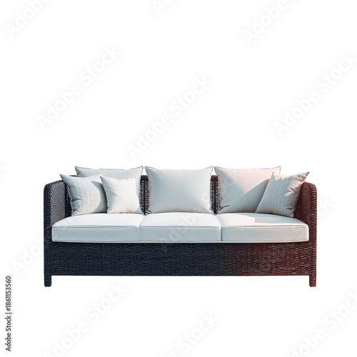 Modern Wicker Sofa With White Cushions for Outdoor Seating Area Decor
