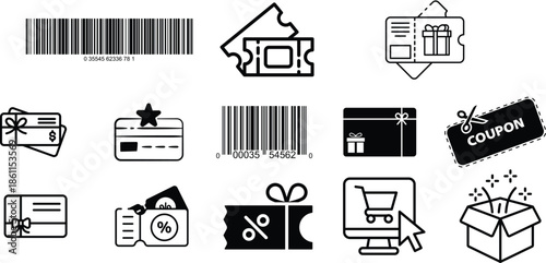 Gift Card Coupon and Barcode Icons for Online Shopping and Loyalty Rewards