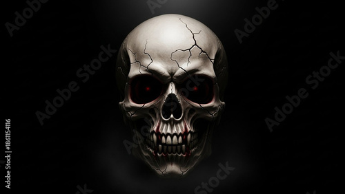 A cracked skull with glowing red eyes against a dark background