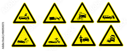 Traffic accident warning signs, for vehicles such as bicycles and motor bikes, on a yellow triangle. Car collision warning sign. Car accident warning, Car crash warning icon.