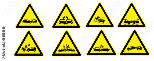 Car accident warning sign on yellow triangle board. cars crashing sign. Caution Road accident sign, Suitable for posters and web icons