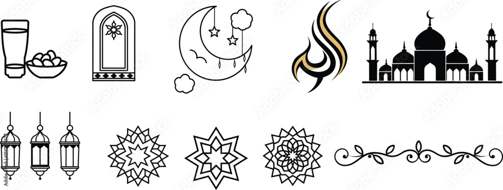 Fototapeta premium Islamic Ramadan Design Elements Vector Set Including Mandala Lantern Mosque and Patterns Isolated