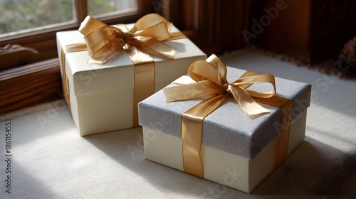 Two elegantly wrapped gift boxes with golden ribbons and bows are arranged on a textured surface illuminated by soft sunlight