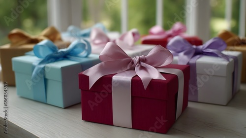 Assorted gift boxes adorned with colorful ribbons and bows elegantly arranged and lit by soft natural light