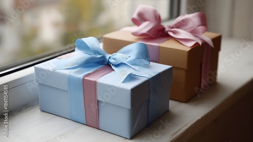 Two beautifully wrapped gift boxes with colorful ribbons are placed on a ill