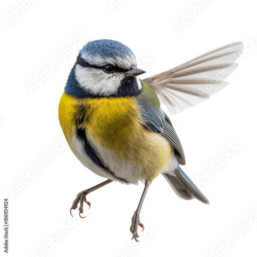 Bird With Blue and Yellow Feathers Flying in the Air Against a White Background