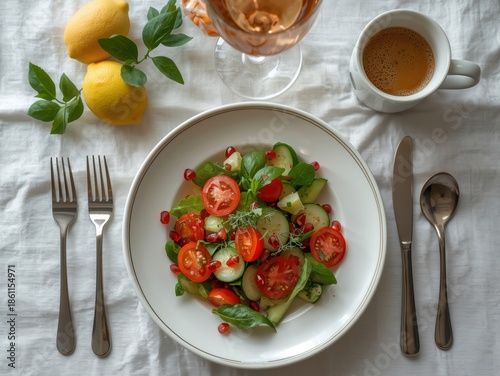 Fresh summer salad with lemon and tea