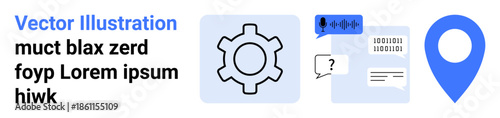 Gear icon, speech bubble with text, voice recognition, binary code, and map pin. Ideal for technology, communication, navigation, coding software productivity tools simple landing page