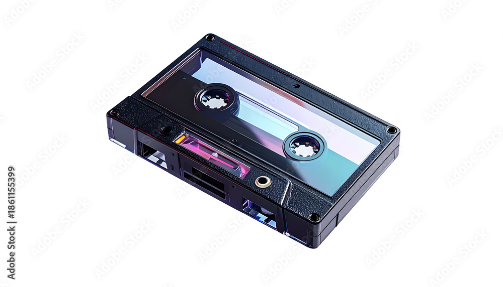Fototapeta premium Realistic close-up of a vintage audio cassette tape, isolated on black