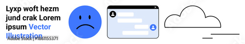 Emotional communication, user interface design, digital expression, social interaction, feedback systems, online communication. Blue sad face, chat window and cloud graphic. Emotional communication