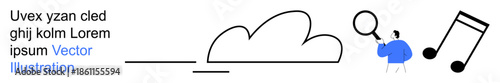 Creativity, exploration, analysis, music, cloud computing, innovation. ion of a cloud, music note and a person holding a magnifier. Creativity and exploration concepts