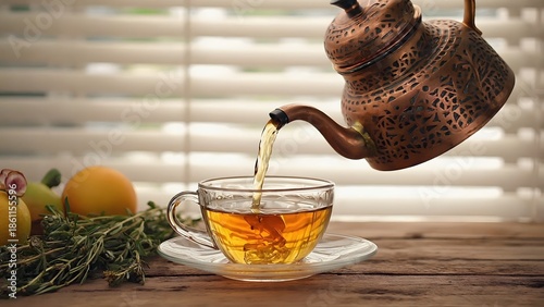 Tea being poured into glass cup with steam