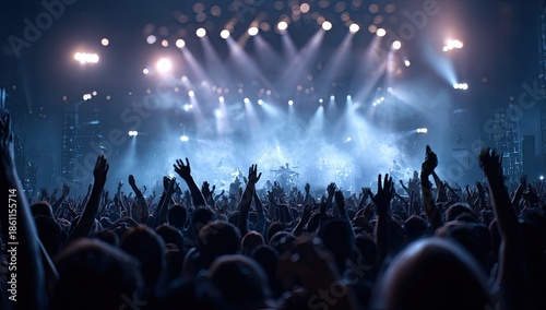 Energetic concert scene with illuminated stage, cheering crowd, and bright spotlights