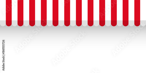 Shop sunshade. Realistic striped cafe awning. Outdoor market tent. Roof canopy. Summer street store. Vector illustration