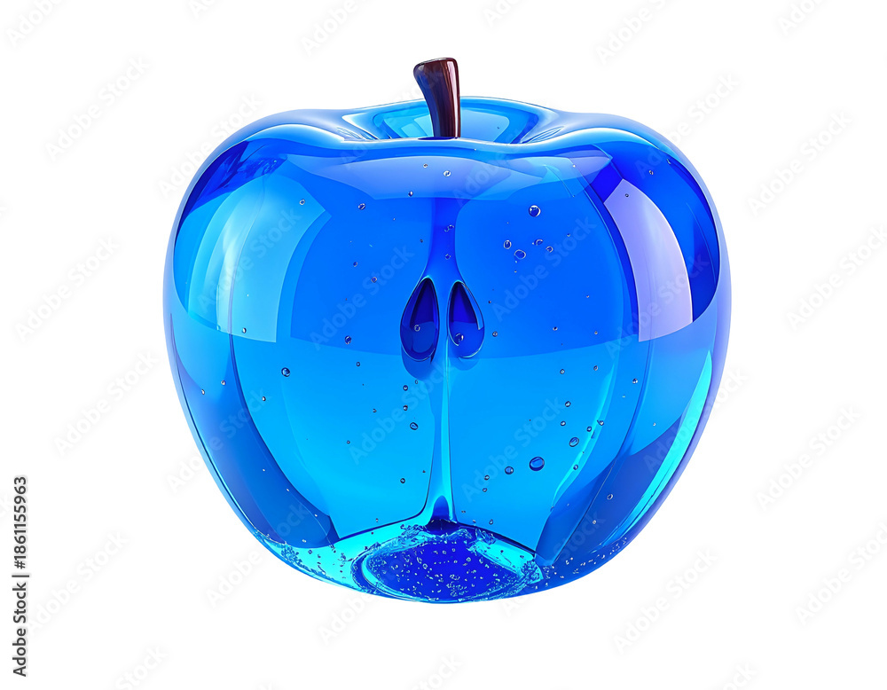 Obraz premium Translucent blue apple with stem against black background