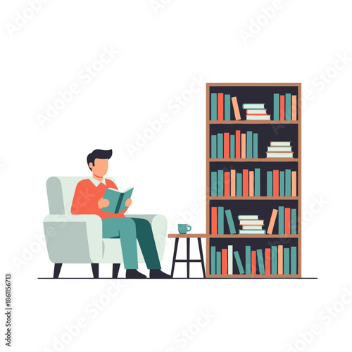 Man Reading Book in Armchair Next to Bookshelf, Cozy Home Library Scene