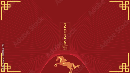 Elegant Chinese New Year 2026 Background Featuring Horse Zodiac Symbol, Red Gold Sunray Lines, Oriental Frame Corners and Minimal Festive Layout for Holiday Promotion
