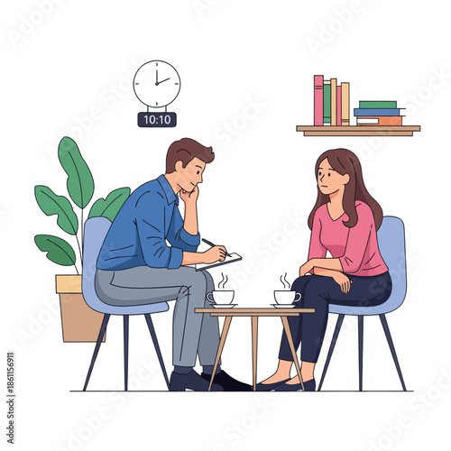 Psychologist counseling woman sitting in office, therapy session, mental health support