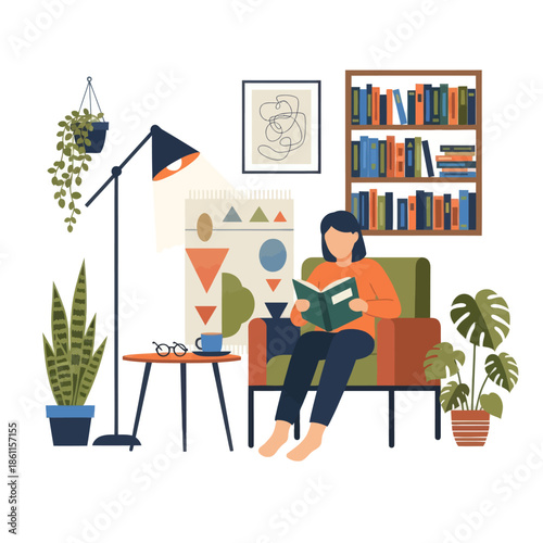 Woman reading book in cozy armchair, surrounded by plants and bookshelf
