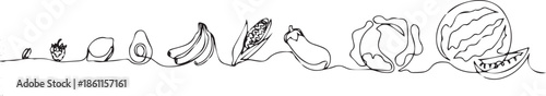 Continuous one line drawing. Vegetables different size from small till big. Vector illustration.