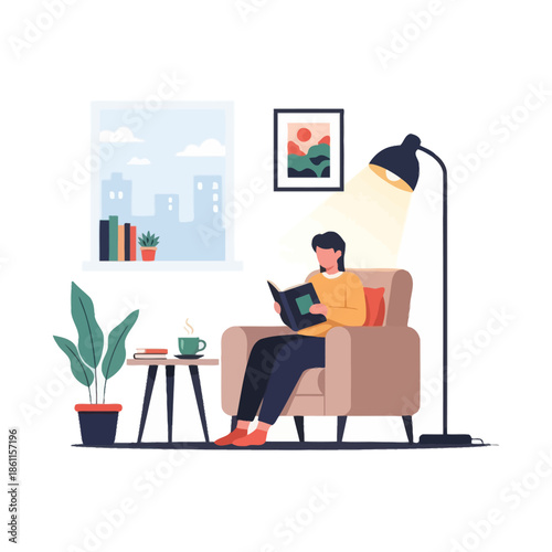 Woman Reading Book in Cozy Armchair Under Lamp, Relaxing at Home
