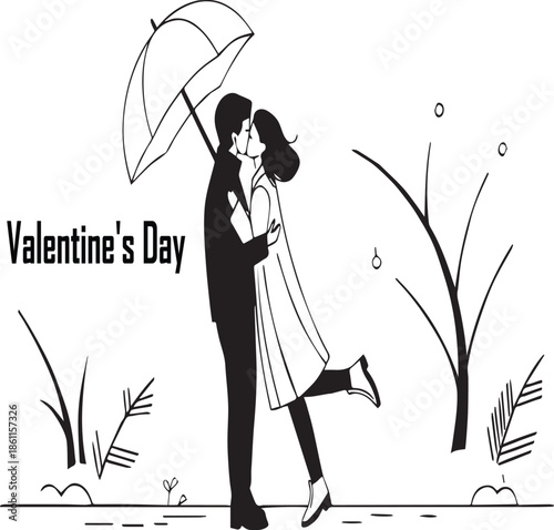  Happy valentime day Couple kissing under umbrella with Valentines Day text and stylized nature elements
