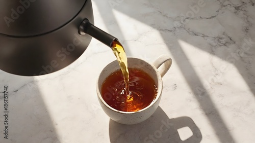 Tea poured into cup viewed from above