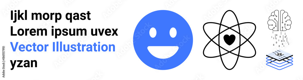 Fototapeta premium Emotional communication, scientific discovery, mental health, artificial intelligence, digital data, user interface. happy face, atom with heart brain and layered sheets. Emotional communication