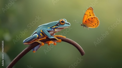 Frog observing butterfly