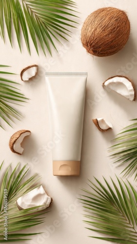 Organic coconut lotion packaging mock up surrounded by tropical palm leaves.