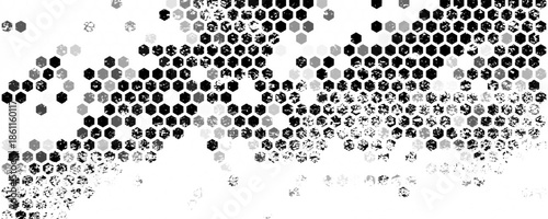Abstract black and white background featuring a scattered hexagon (honeycomb) halftone pattern with a distressed grunge texture. The dynamic geometric composition creates a modern