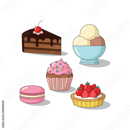 Colorful illustration of assorted desserts on a white background with cake and ice cream