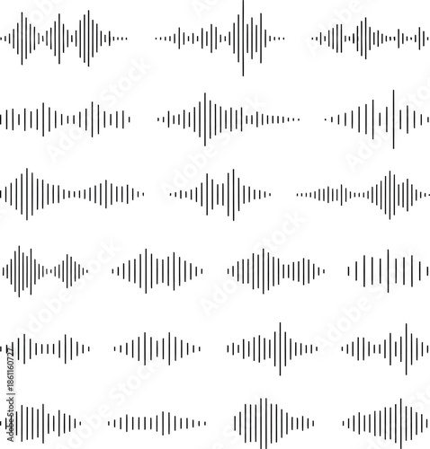 Podcast sound waves, audio waveforms line icons, elements for mobile messenger, podcast online radio, music player interface or app, single outline soundwave, podcast and broadcast, vector set
