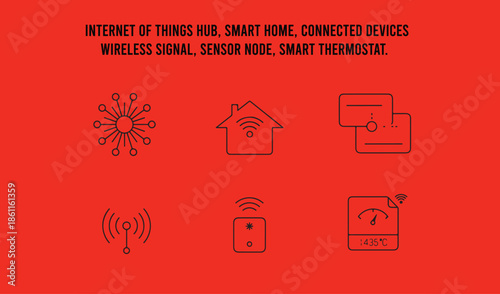 Internet of Things hub, smart home, connected devices, wireless signal, sensor node, smart thermostat