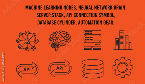Machine learning nodes, neural network brain, server stack, API connection symbol, database cylinder, automation gear