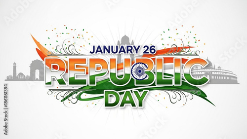 Indian republic day celebration graphic with tricolor design and cityscape background for january 26th