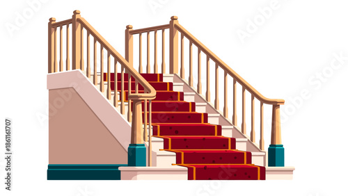 Elegant Wooden Staircase with Luxurious Red Carpet and Golden Accents, Evoking Grandeur and Sophistication