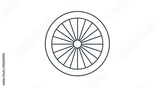 Simple black and white illustration of a circular wheel with spokes on white background