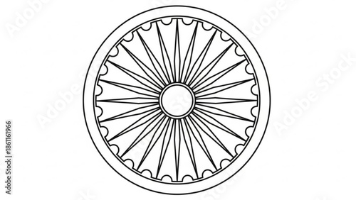 Simple black and white line art illustration of a circular decorative element with radial spokes and scalloped edges on a white background