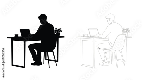 Man working at a desk contrasting styles presented as a silhouette