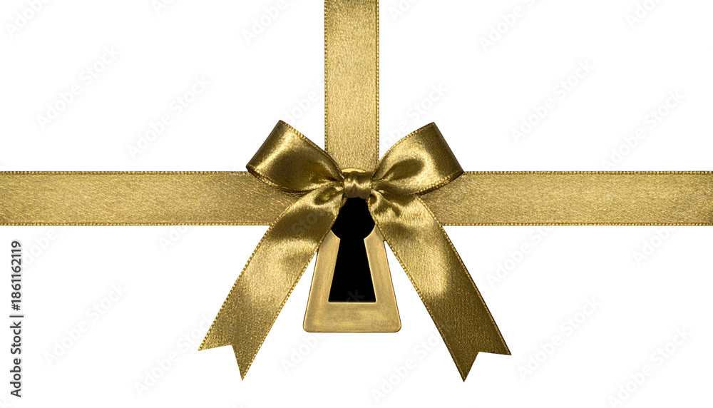 Fototapeta premium Golden ribbon with bow, keyhole cutout, intersecting on black background