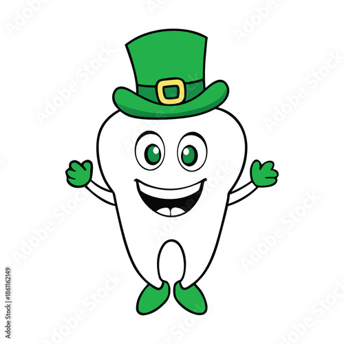 A cheerful cartoon tooth wearing a bright Saint Patrick’s green hat, smiling widely with a lucky, festive vibe, perfect for St. Patrick’s Day fun and charm.
