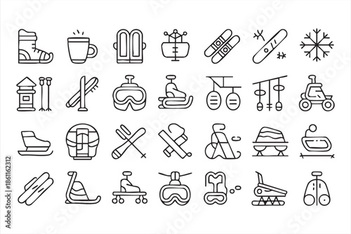 Snow Sports Outline Icons for Mountain Resort Platforms