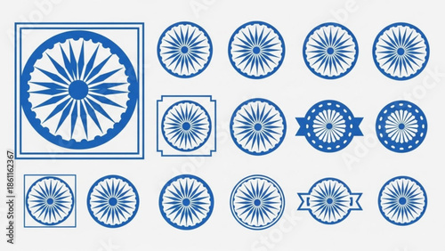 Collection of blue ashoka chakra icons in various designs and frames on transparent background