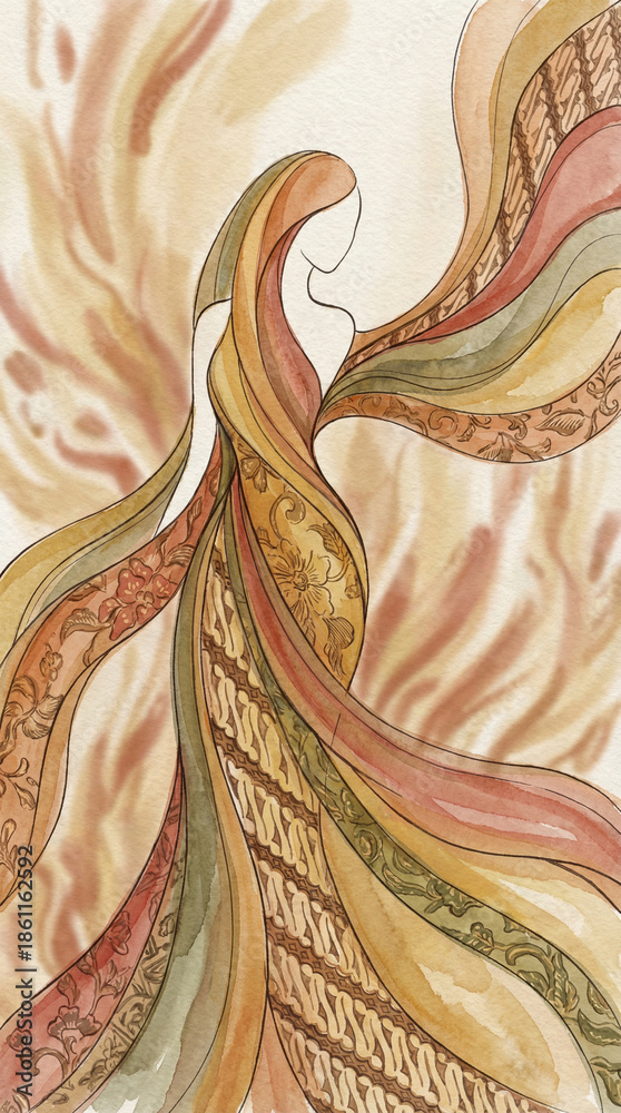 custom made wallpaper toronto digitalWanita Concept Silhouette Art. Soft elegant illustration of a wanita concept represented through abstract female silhouette shapes, batik-inspired patterns, warm Indonesian color palette, flowing fabr