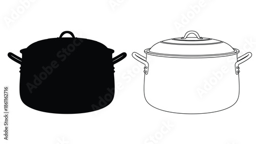 Two cooking pots one in detailed line art and one as a silhouette