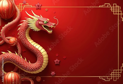 Vibrant Red Dragon Illustration with Lanterns and Decorative Elements