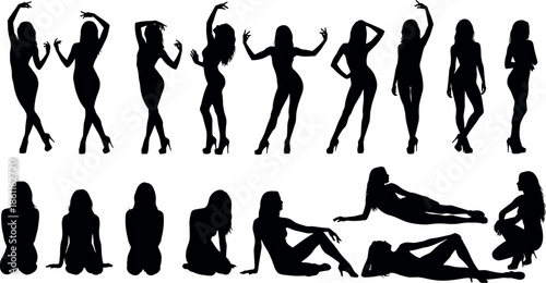 High Quality Silhouette Collection of Fashion Models Posing in Various Standing Sitting and Laying Down Positions for Professional Design Projects